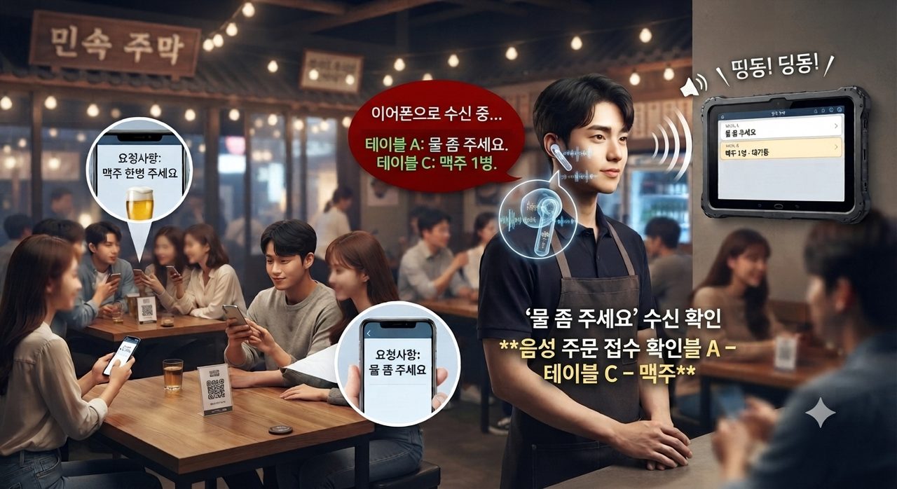 QR 호출 장면 — 손님들이 폰으로 물·맥주를 요청하면 호출판 태블릿이 딩동 울리고, 직원은 블루투스 이어폰으로 어디서든 수신