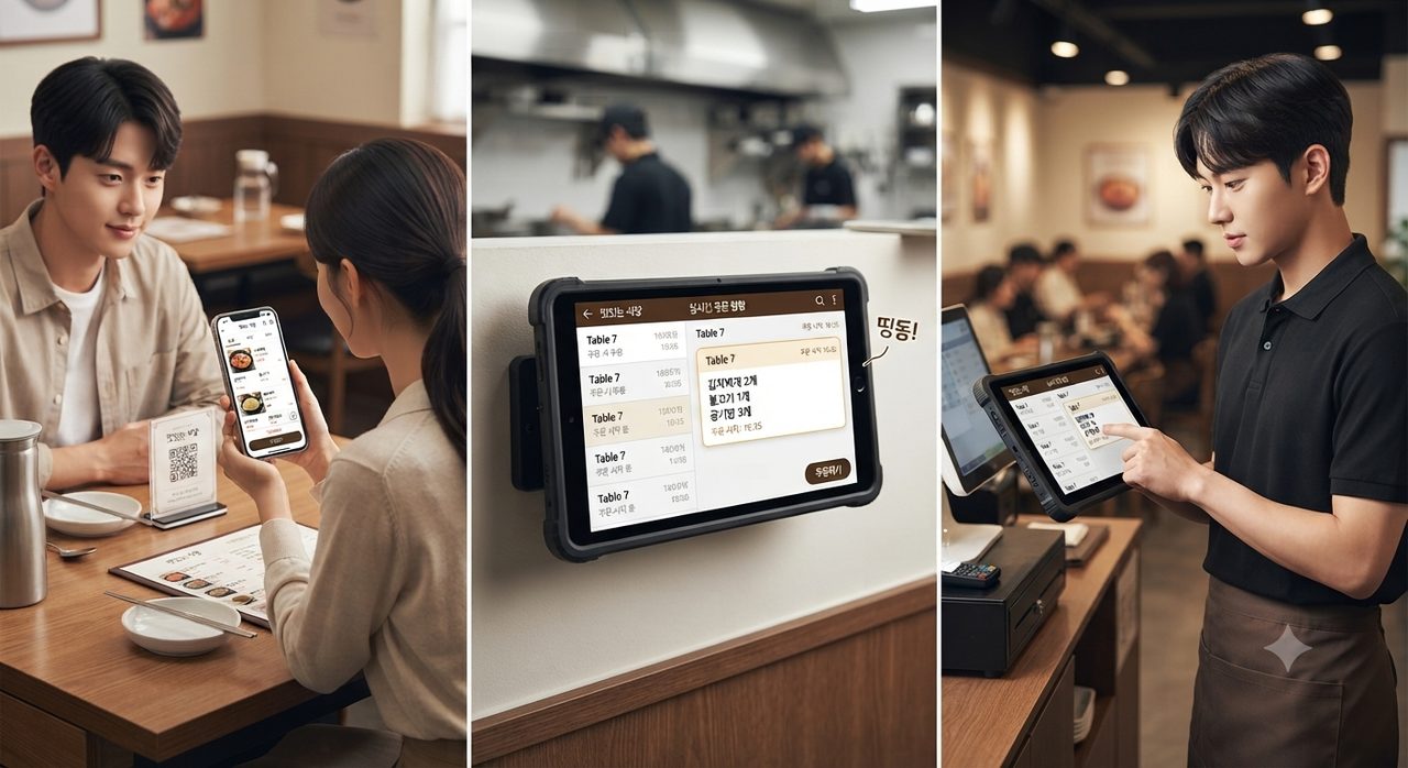 QR 주문 장면 — 손님이 테이블 QR을 찍어 폰으로 주문하고, 주방 태블릿에 주문이 딩동 하고 뜨고, 직원이 웹포스에서 확인