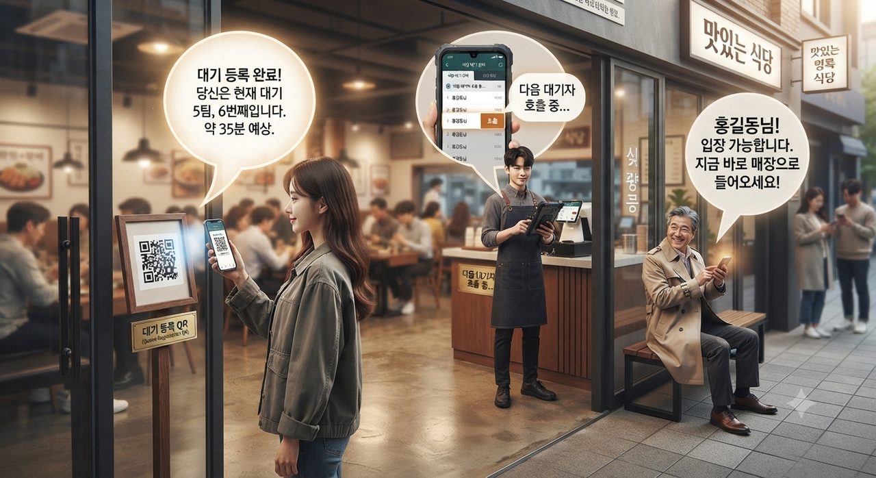 QR 웨이팅 이용 장면 — 손님이 입구 대기 QR을 찍어 등록하고, 대기번호·예상시간을 폰으로 확인, 차례가 되면 호출 알림